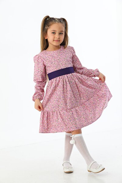 Moda Lippa Mor Çiçek Desenli Kat Kat Kız Çocuk Elbise