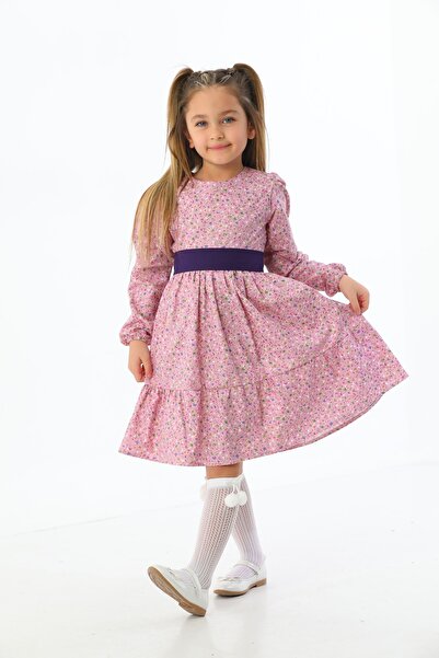 Moda Lippa Mor Çiçek Desenli Kat Kat Kız Çocuk Elbise