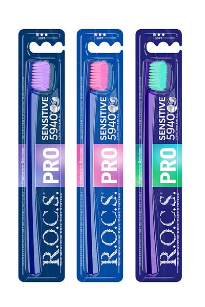 R.O.C.S. Pro 5940 Sensitive-thinning Tip Soft Tooth Frc Containing 5940 Bristles-3 Pieces-purple-pink-green Bristle