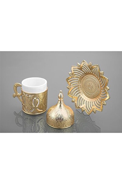 BUSEM Ahsen Kapaklı Lale Desenli Türk Kahve Fincanı 4 Parça Altın Renkli