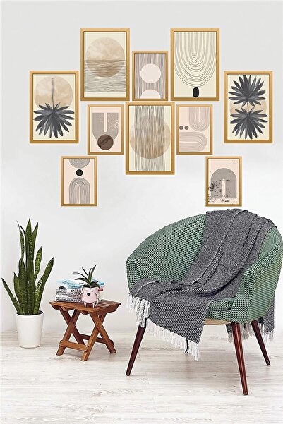 NT Handmade 10 Parça Çerçeve Görünümlü Çizgiler Ve Yapraklar Duvar Dekoru Sal...