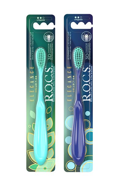 R.O.C.S. Elegance Collection Toothbrush 2 Pieces – Medium Hard-green Handle- Navy Blue Handle-green Bristle