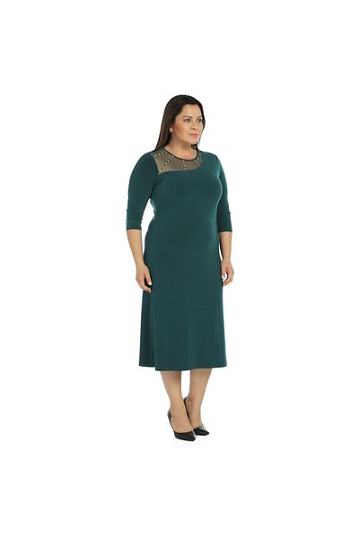 Nidya Moda Women's Green Stone Embroidered Tulle Combination Evening Dress 4089Y