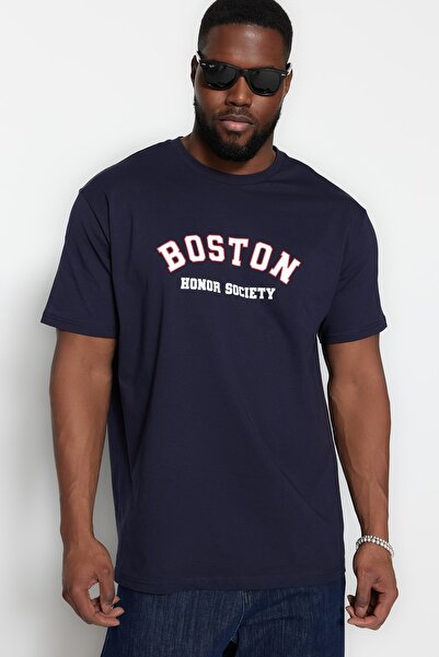 Trendyol Collection Sötétkék Oversize City nyomott pamut póló - TMNSS23TS00135