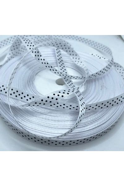 Deniz Party Store Satin Ribbon with Black Polka Dots on White 1 Cm 45 Meters 50 Yards
