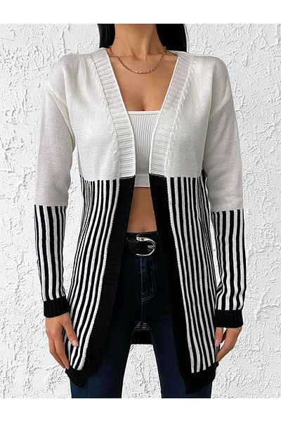 AQE FASHION Vertical Striped Open Front Plain Knitted Comfortable Fit Flexible Textured White Cardigan