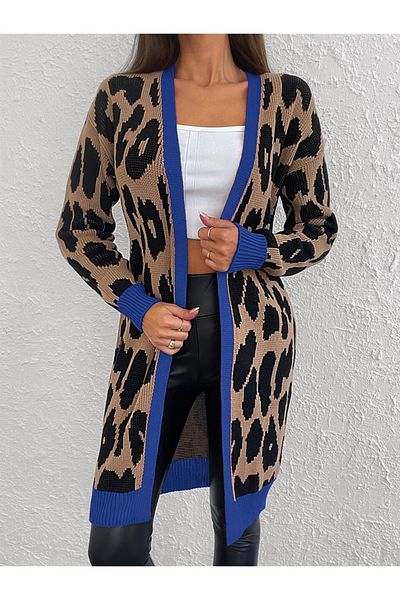 AQE FASHION سترة صوفية طويلة منقوشة بنقشة الفهد ومفصلة باللون الأسود والبني