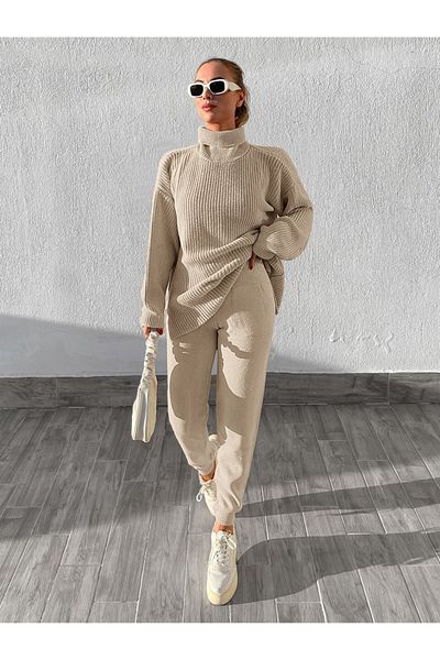 AQE FASHION (2) Σετ δύο τεμαχίων, πουλόβερ και κολάν μακριά μπεζ τουνίκ και κολάν με τσέπες, ελαστική μέση και γραβάτα