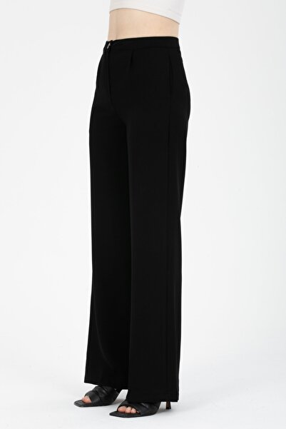 MD trend Women's Black High Waist Pleated Fabric Palazzo Pants
