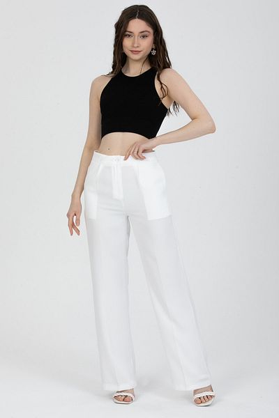 MD trend Women's Ecru High Waist Pleated Fabric Palazzo Trousers