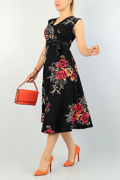 lovebox Floral Patterned Double Breasted Collar - Flexible Leather Flared Midi Evening Dress & Homecoming Dress 71724