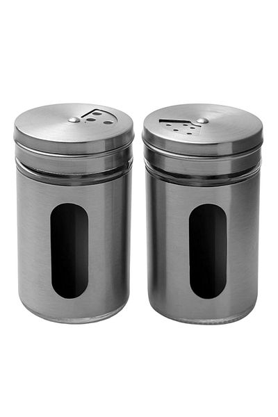 Neler Geldi Neler 2 Pieces Spice Rack Salt Shaker Black Pepper Rack 3 Adjustment Head, Glass Stainless Steel Coated 5 X 8 Cm