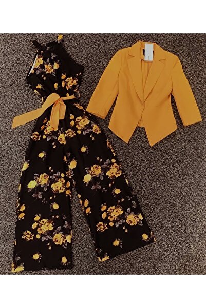 şems fashion Double Fabric Jacket And Zero Sleeve Crepe Jumpsuit Double Set With Belted