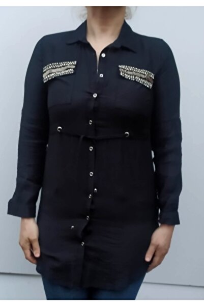 Hepsibitarz Kadın Siyah Taş Pul Detaylı Tarz Gömlek