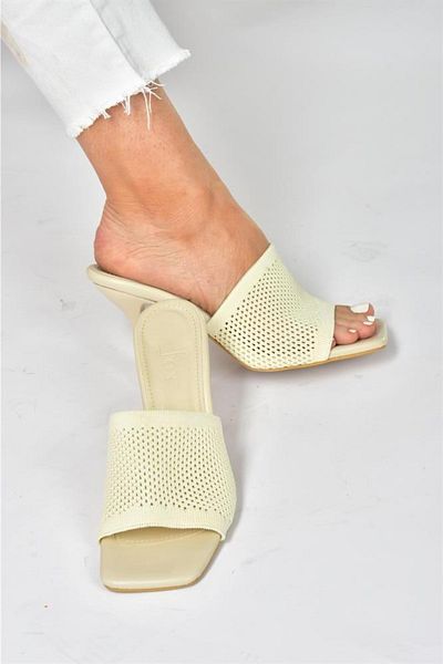Fox Shoes Beige Knitwear Fabric Heeled Women's Slippers P590033357