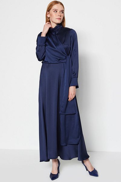 Trendyol Modest Tmavě modré večerní šaty rovného hidžábu TCTSS23DB00020