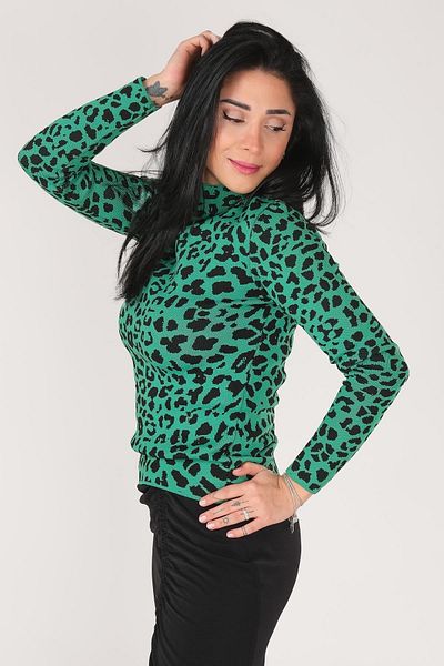Giyim Dünyası Pulover de damă cu guler în picioare cu model leopard verde