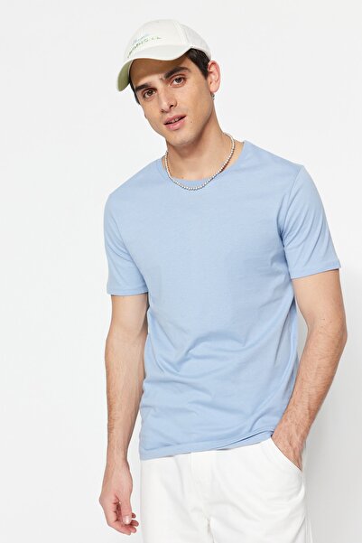 Trendyol Collection Modré Slim/Slim střih 100% bavlna Basic Crew T-Shirt T-Shirt Tmnss19Bo0001
