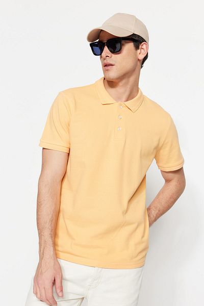 Trendyol Collection Tricou portocaliu subțire/cu guler îngust cu dungi de bază, 100% bumbac, cu gât polo TMNSS20PO0009