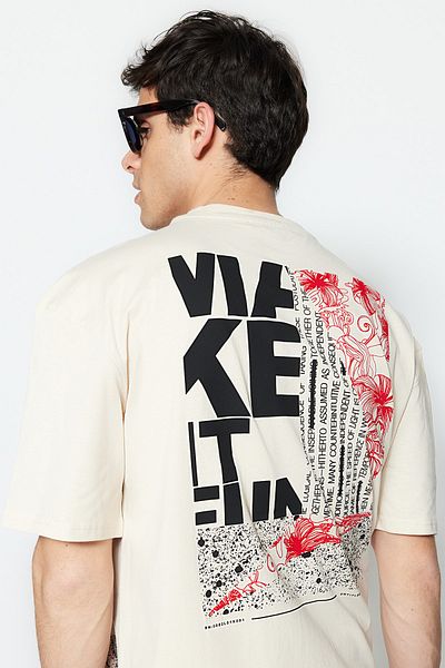 Trendyol Collection Πέτρινο μπλουζάκι Oversize/Wide Cut Text Back Printed 100% Cotton T-Shirt TMNSS21TS1064
