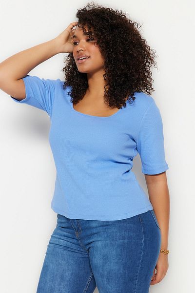 Trendyol Curve Lilac Fitted Square Collar Camisole Knitted Plus Size Basic T-Shirt Tbbss22Bf0027