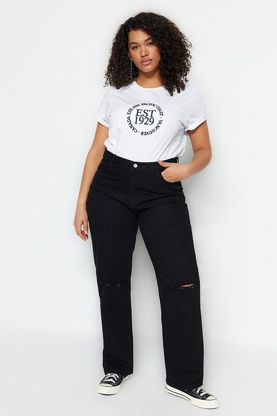 Trendyol Curve Schwarze Bootcut-Jeans mit hoher Taille und Destroy-Detail, TBBSS23CJ00006