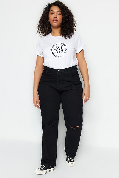 Trendyol Curve Schwarze Bootcut-Jeans mit hoher Taille und Destroy-Detail, TBBSS23CJ00006