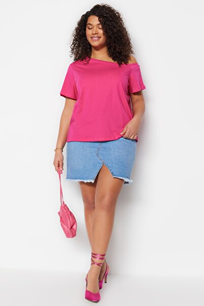 Trendyol Curve Fuchsia Off-Shoulder 100% Cotton Blouse - TBBSS22AF0052
