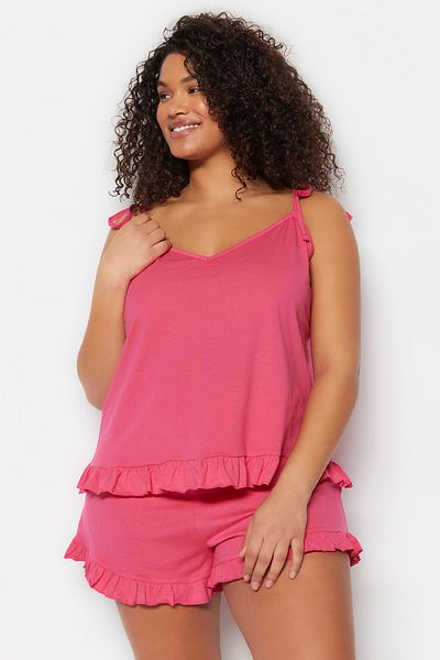 Trendyol Curve Fuchsiafarbenes Pyjama-Set mit Strick- und Schnürdetails TBBSS22PT0564