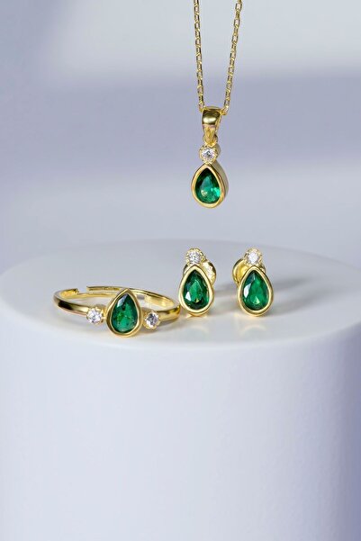 Gümüş Çadırım Kadın Yeşil Damla Taşlı Yüzük Kolye Küpe Seti – Zarif Şık Takı ...