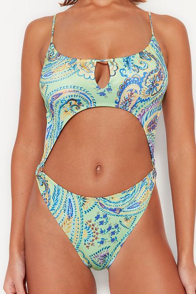 Trendyol Collection Shawl Patterned High Leg Swimsuit with Round Collar Accessories TBESS23MA00065