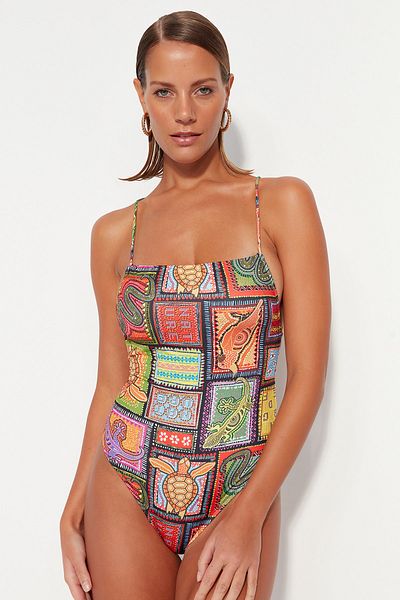 Trendyol Collection Etnikai mintás négyszögletes galléros magas lábú fürdőruha TBESS23MA00311