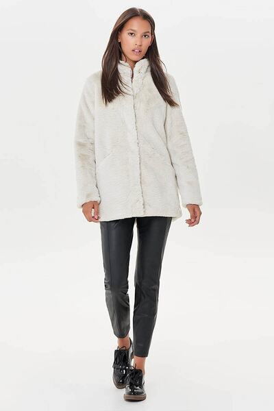 ONLY Women's Coat Ecru 15164600 Onlvida Faux Fur Coat Otw