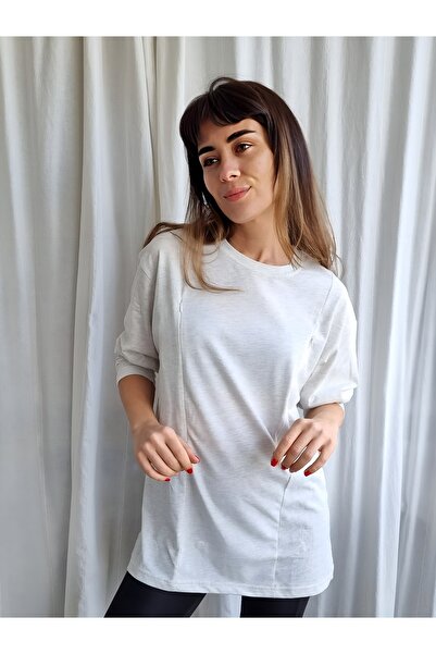 Baby Boroosh Kadın Gizli Fermuarlı Uzun Kollu Oversize Melanj Emzirme Tişörtü