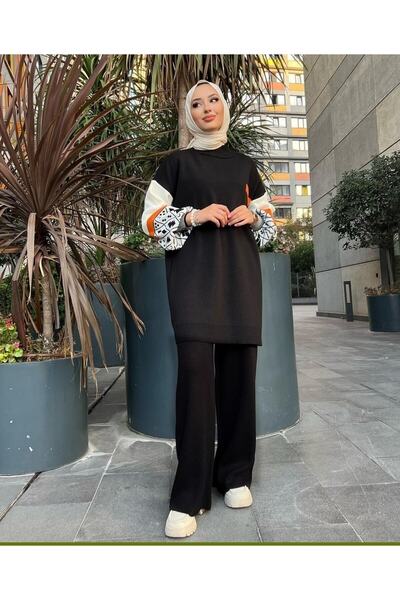 Azra Giyim ist Πλεκτό τούνικ με σχέδια στα μανίκια μαύρο