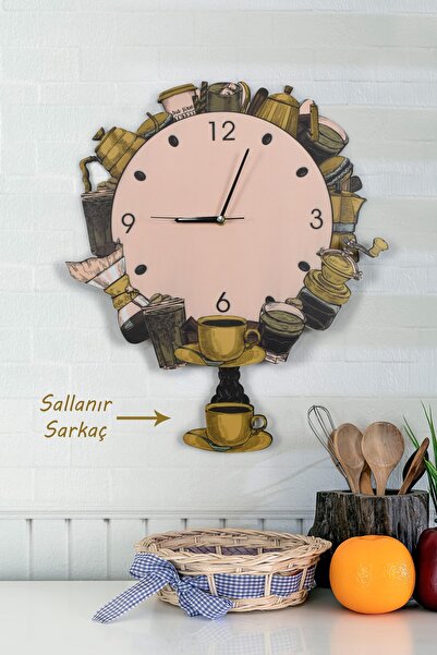 elfidadesign 3 Boyutlu Kahve Dünyası Temalı Sarkaçlı Ahşap Mutfak Duvar Saati...