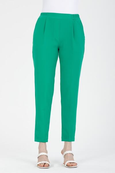 MD trend Women's Green Elastic Waist Double Pocket Carrot Cut Fabric Trousers