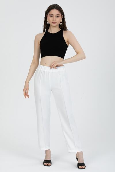 MD trend Pantaloni de damă din țesătură ecru cu talie elastică, cu cusături în față