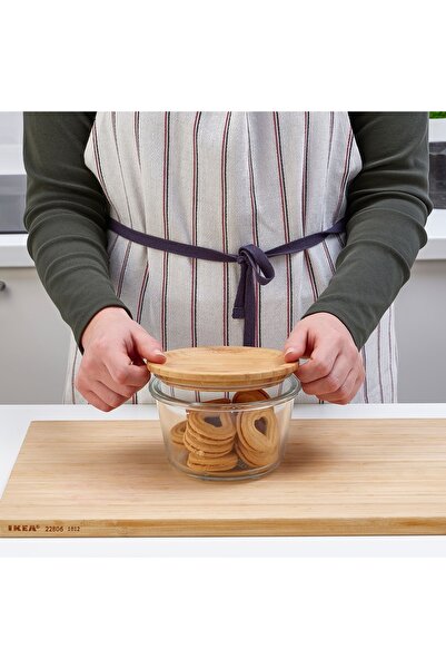 IKEA Kapaklı Cam Saklama Kabı, Cam-bambu, 600 Ml, Yuvarlak