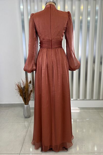 Rana Zenn Copper Balloon Sleeve Chiffon Afra Evening Dress