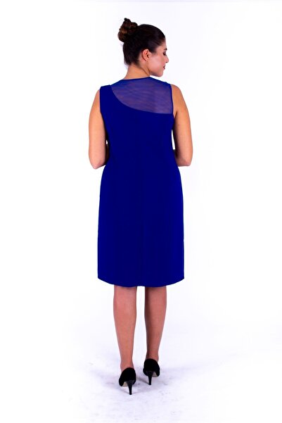 Nidya Moda Kadın Saks Roba Tül Taş İşli Abiye Elbise 4011ASX
