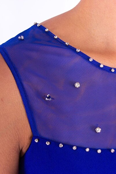 Nidya Moda Kadın Saks Roba Tül Taş İşli Abiye Elbise 4011ASX