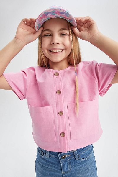 DeFacto Girl's Modern Fit V-Neck Linen Look Short Sleeve Shirt Z4915a623sm