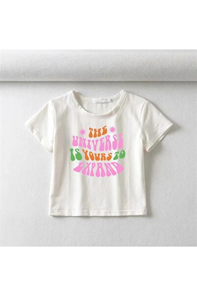 Touz „Universul este al tău pentru a fi extins” Imprimeu alb tip crop