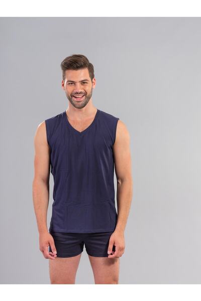 Ödül Men's 7023 V-Neck Sleeveless Modal Cotton Undershirt Athlete Navy Blue 2-Piece