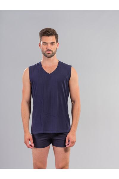 Ödül Men's 7023 V-Neck Sleeveless Modal Cotton Undershirt Athlete Navy Blue 2-Piece