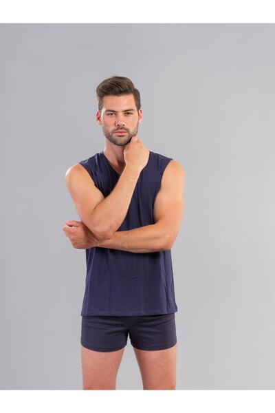 Ödül Men's 7023 V-Neck Sleeveless Modal Cotton Undershirt Athlete Navy Blue 2-Piece