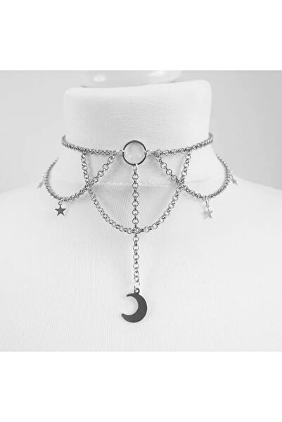 Köstebek Ay Ve Yıldızlı Zincirli Choker Kolye