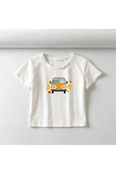 Touz My Vision Vintage Car 80's Printed White Crop