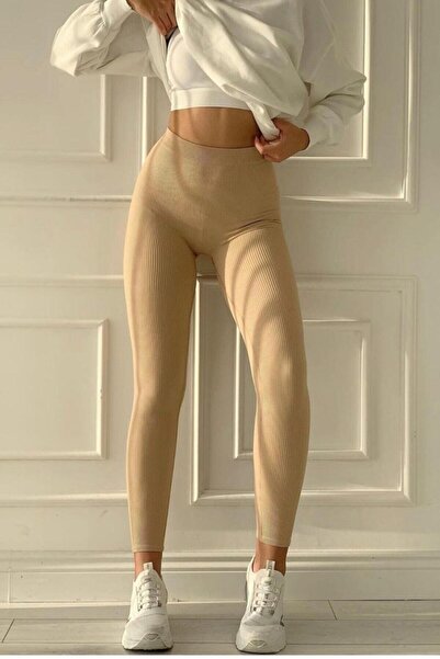 Genel Markalar Kadın Bej Yüksek Bel Toparlayıcı Fitilli Günlük Tayt